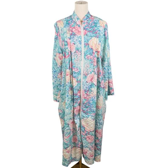 Vintage Miss Elaine Seersucker Floral Zip Front House Coat Robe Full Length M/L - Picture 2 of 9